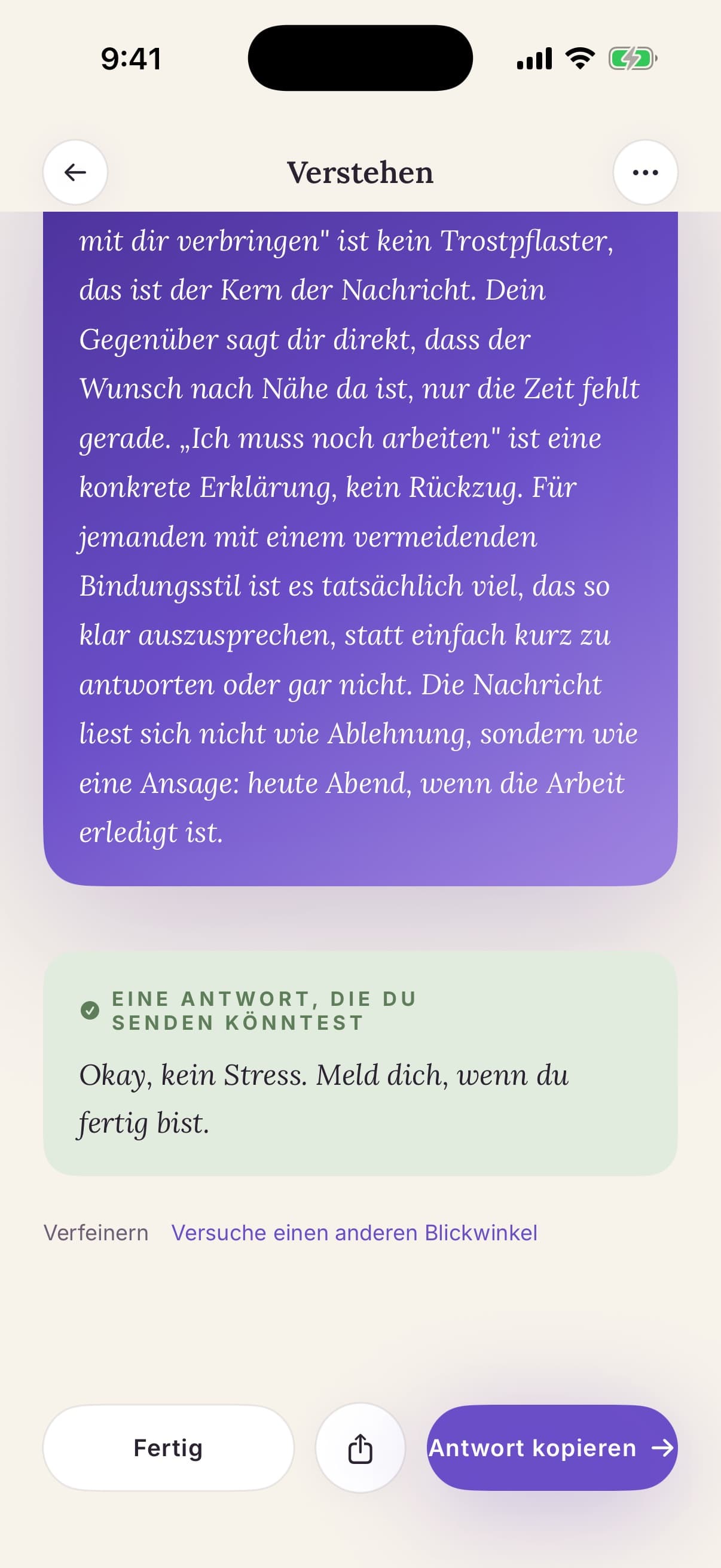 Entschlüsseln-Ergebnis, das zeigt, was die Nachricht des Partners wirklich bedeutet
