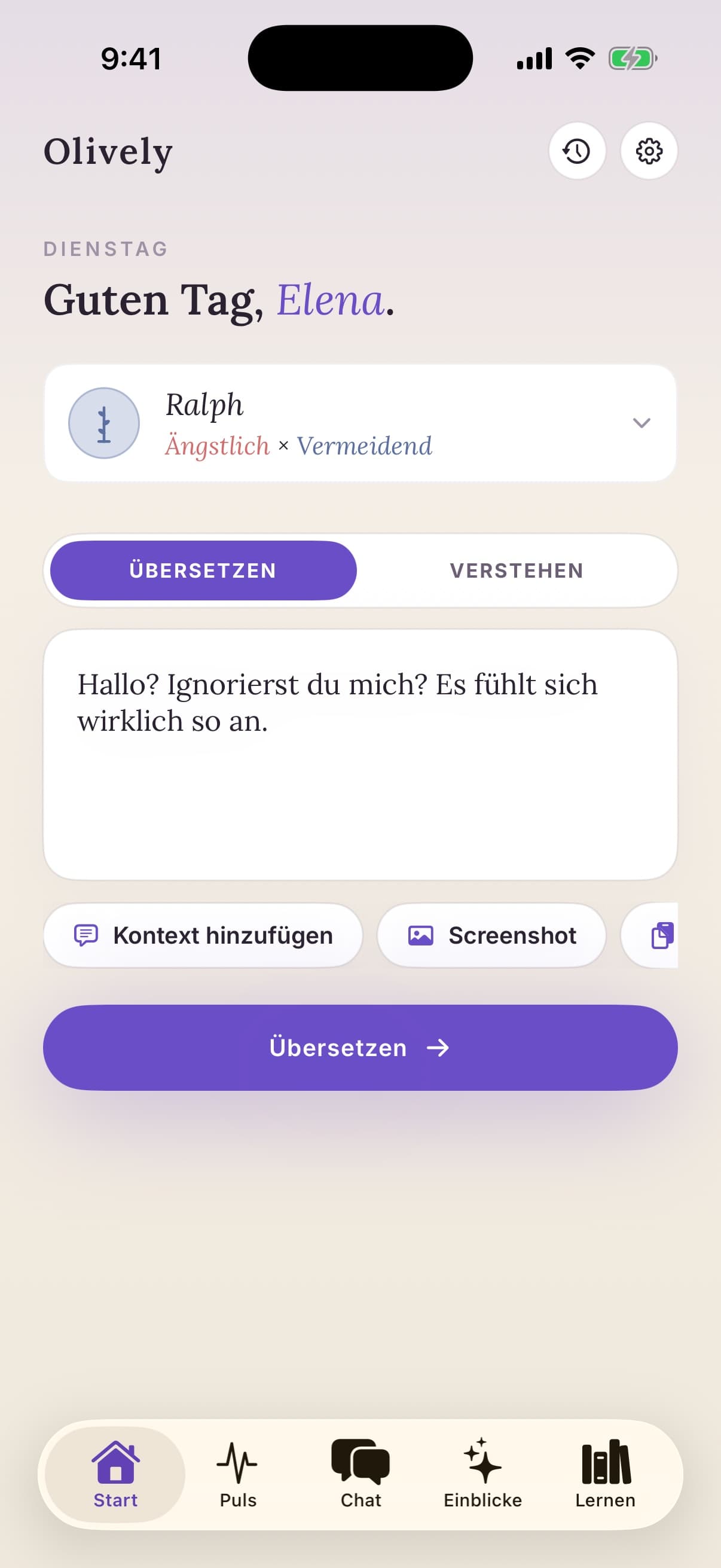 Olively-Startbildschirm mit Partnerprofil und einem Nachrichtenentwurf, bereit zum Übersetzen