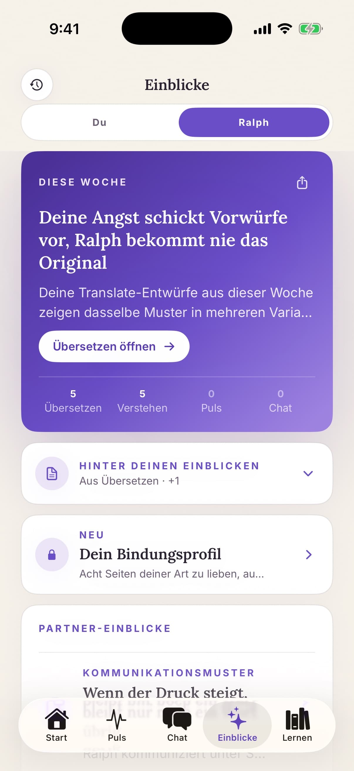 Einblicke-Tab mit wöchentlichen Beziehungsmustern
