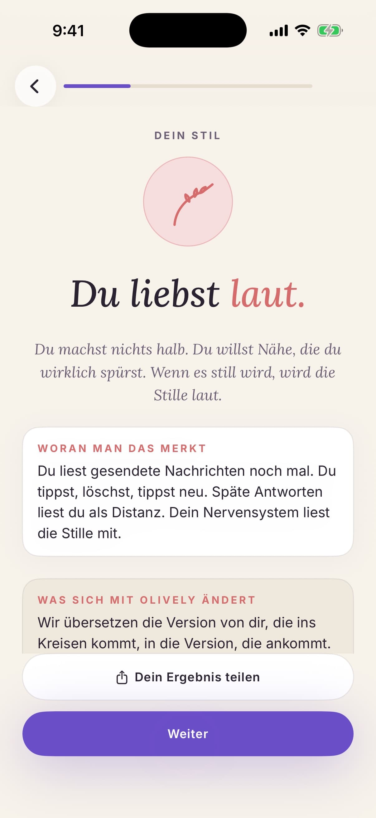 Ergebnisbildschirm des Bindungstests mit ängstlichem Stil