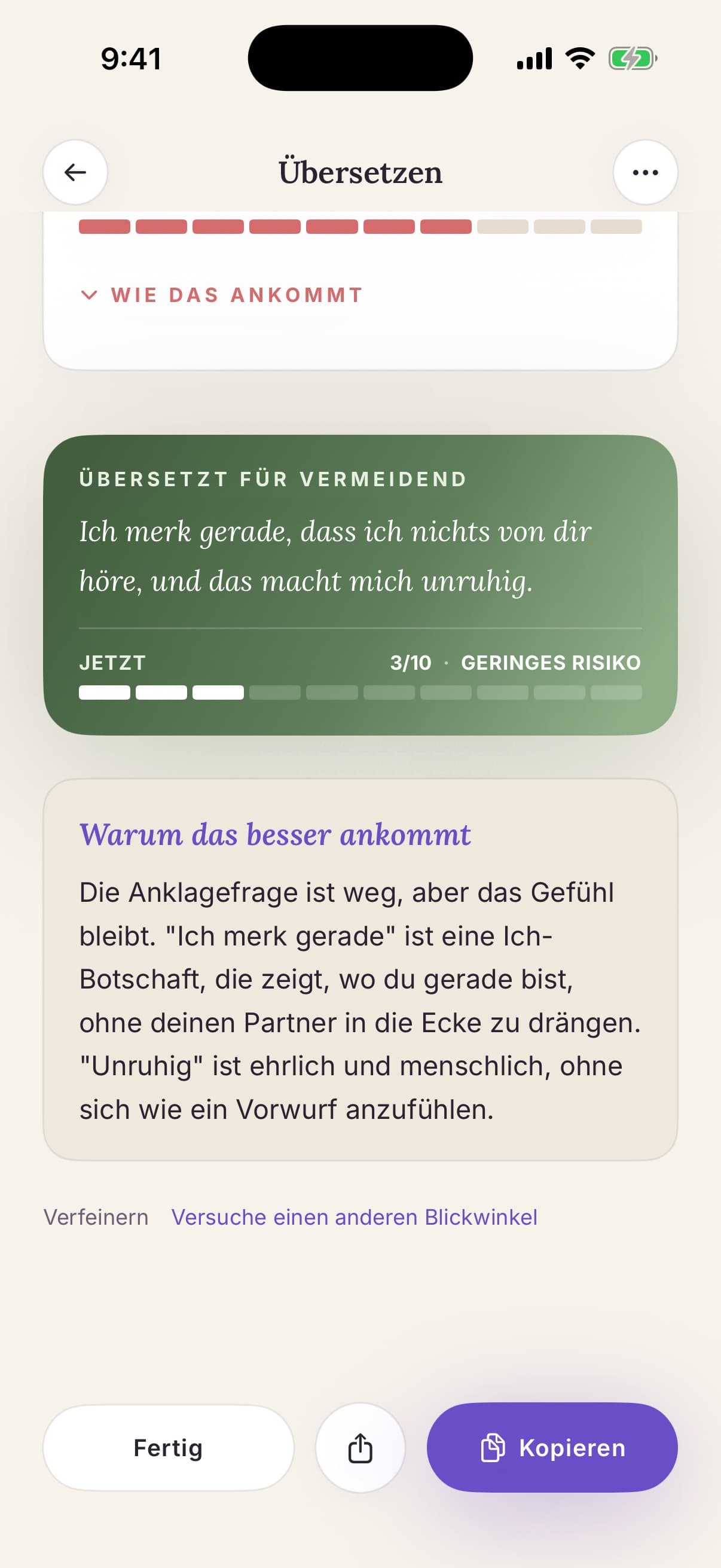 Übersetzte Nachricht mit der Erklärung, warum sie ankommt