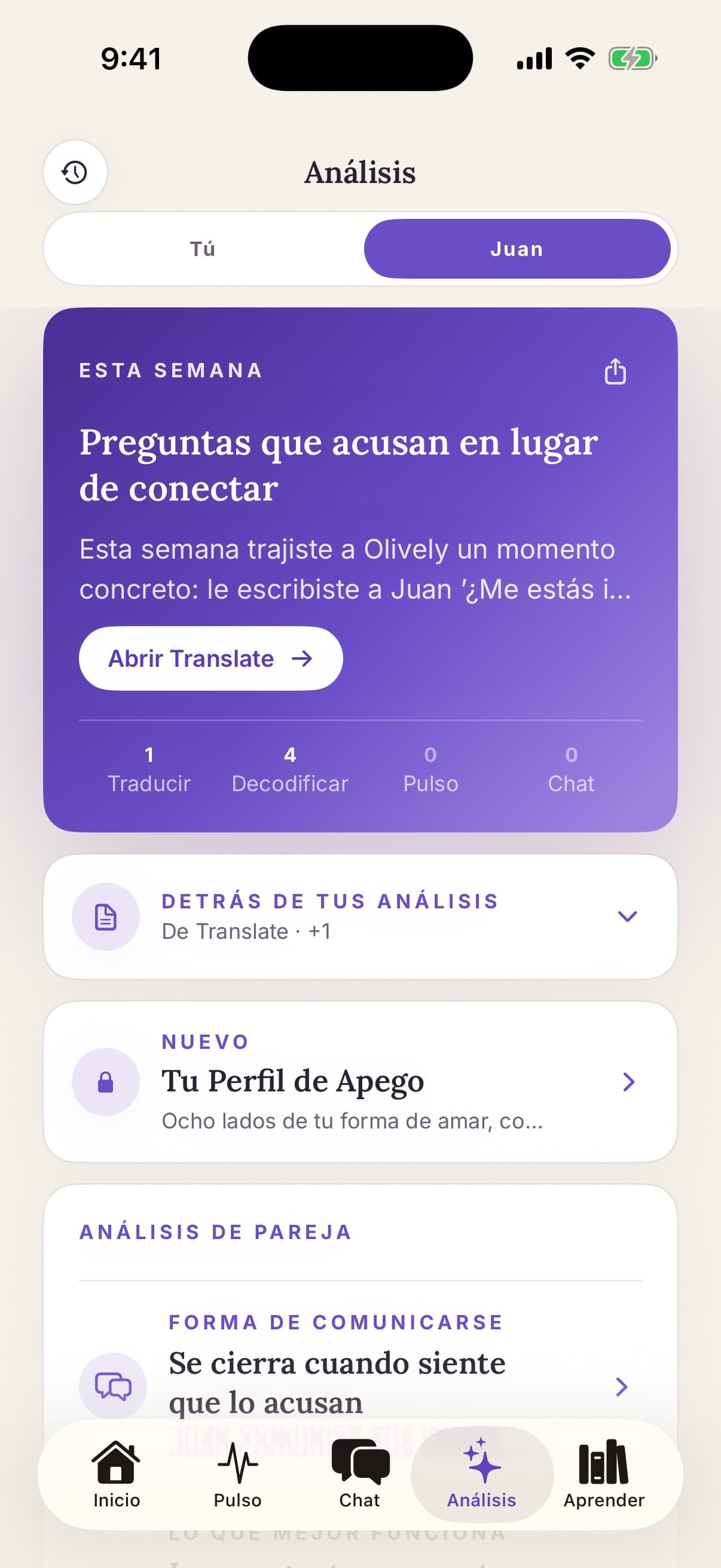 Pestaña de Insights con los patrones semanales de la relación