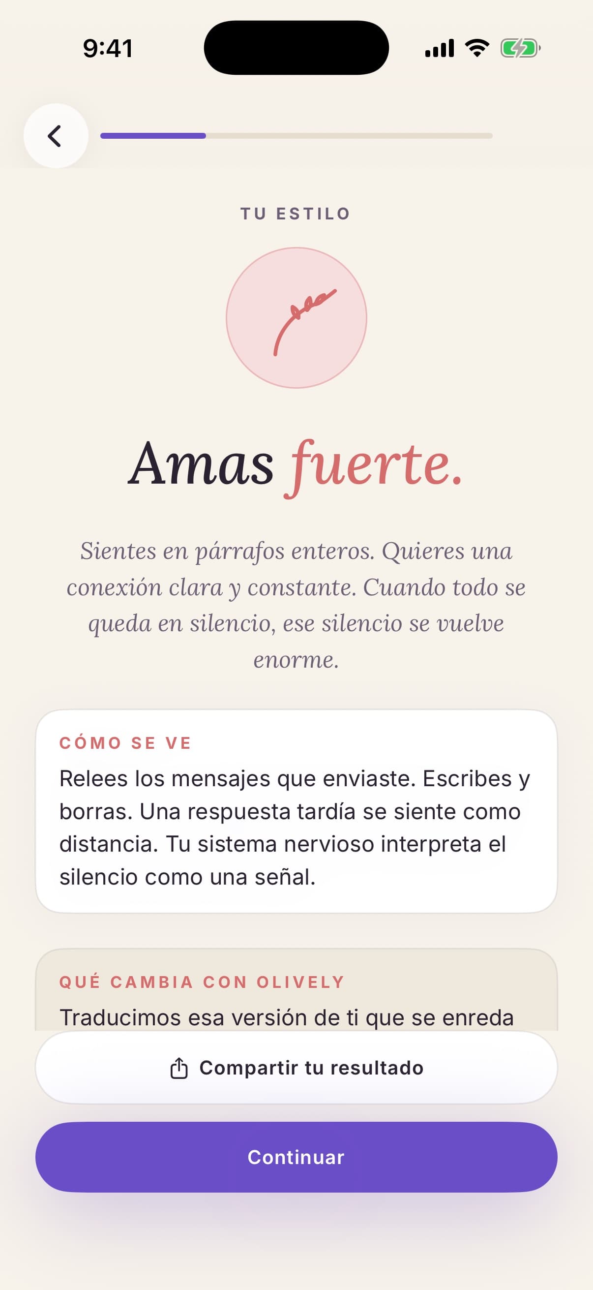 Pantalla de resultados del test de apego con el estilo ansioso