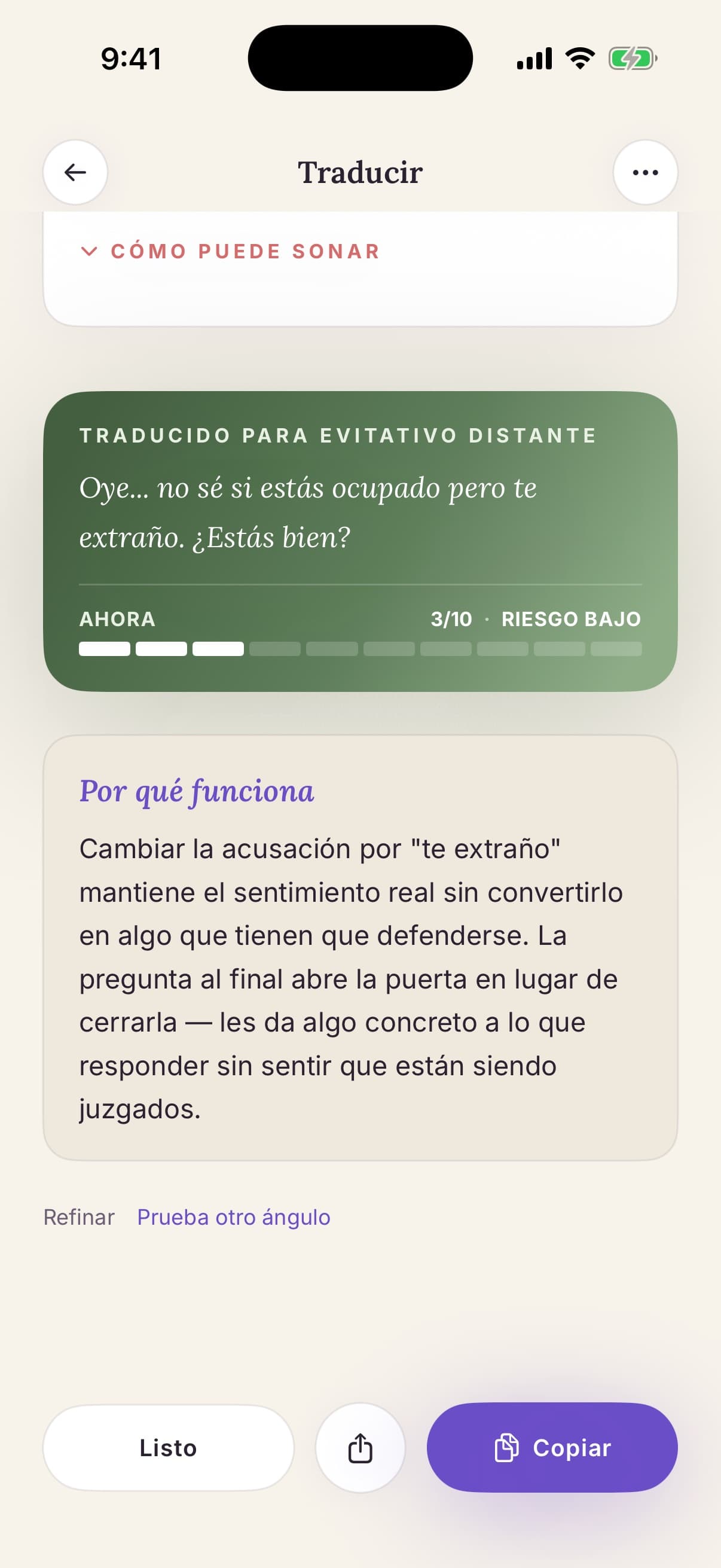 Mensaje traducido con la explicación de por qué funciona