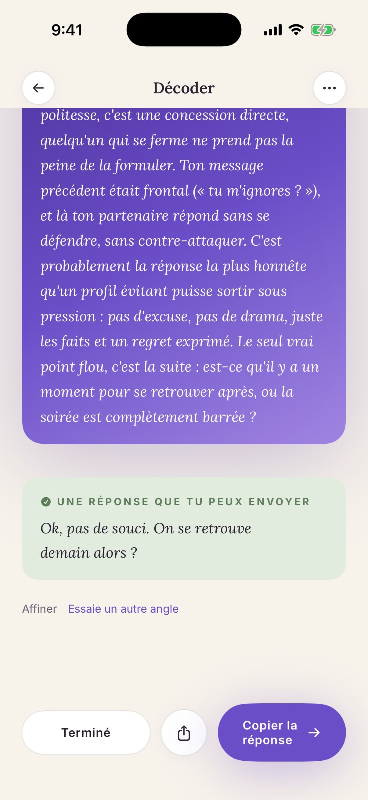 Résultat Décoder montrant ce que le message du partenaire veut vraiment dire