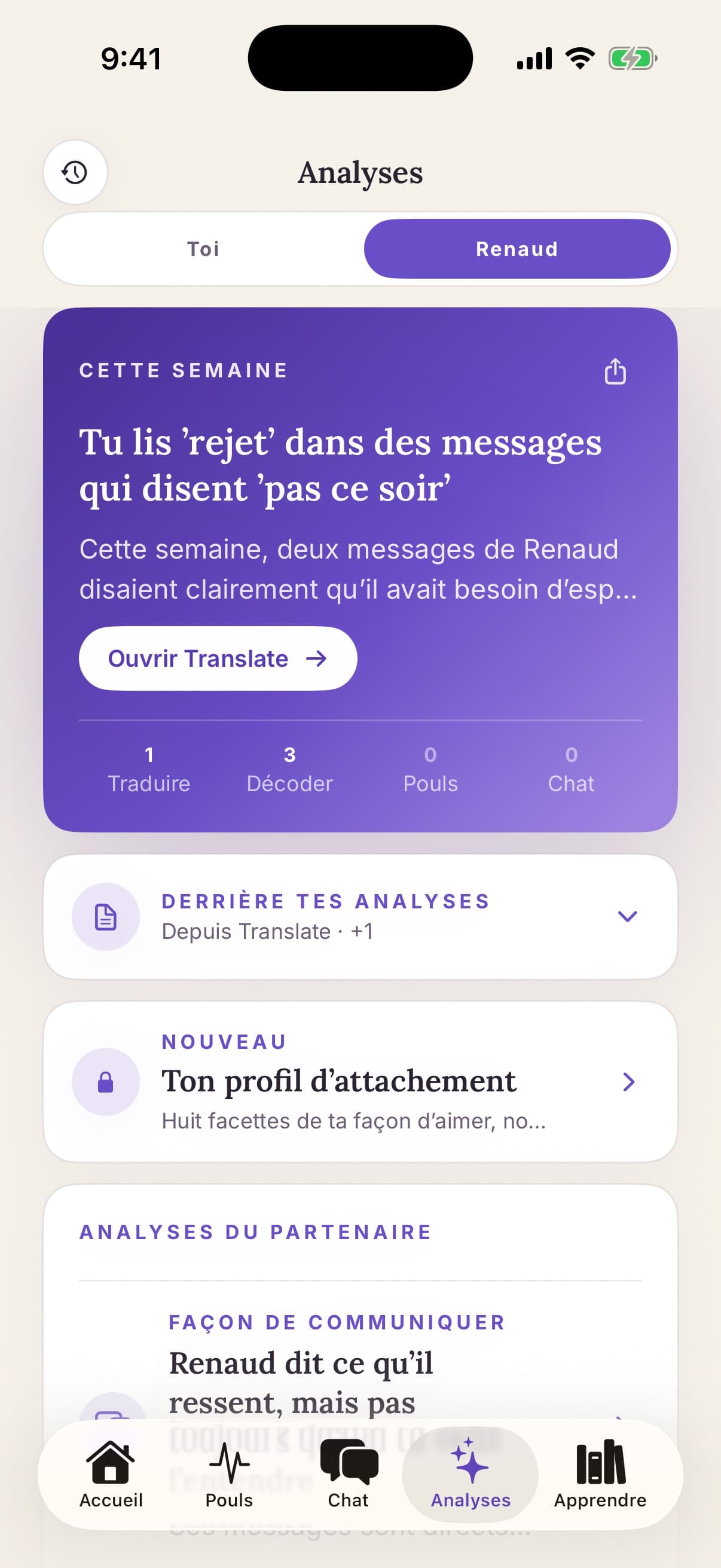 Onglet Insights avec les schémas hebdomadaires du couple