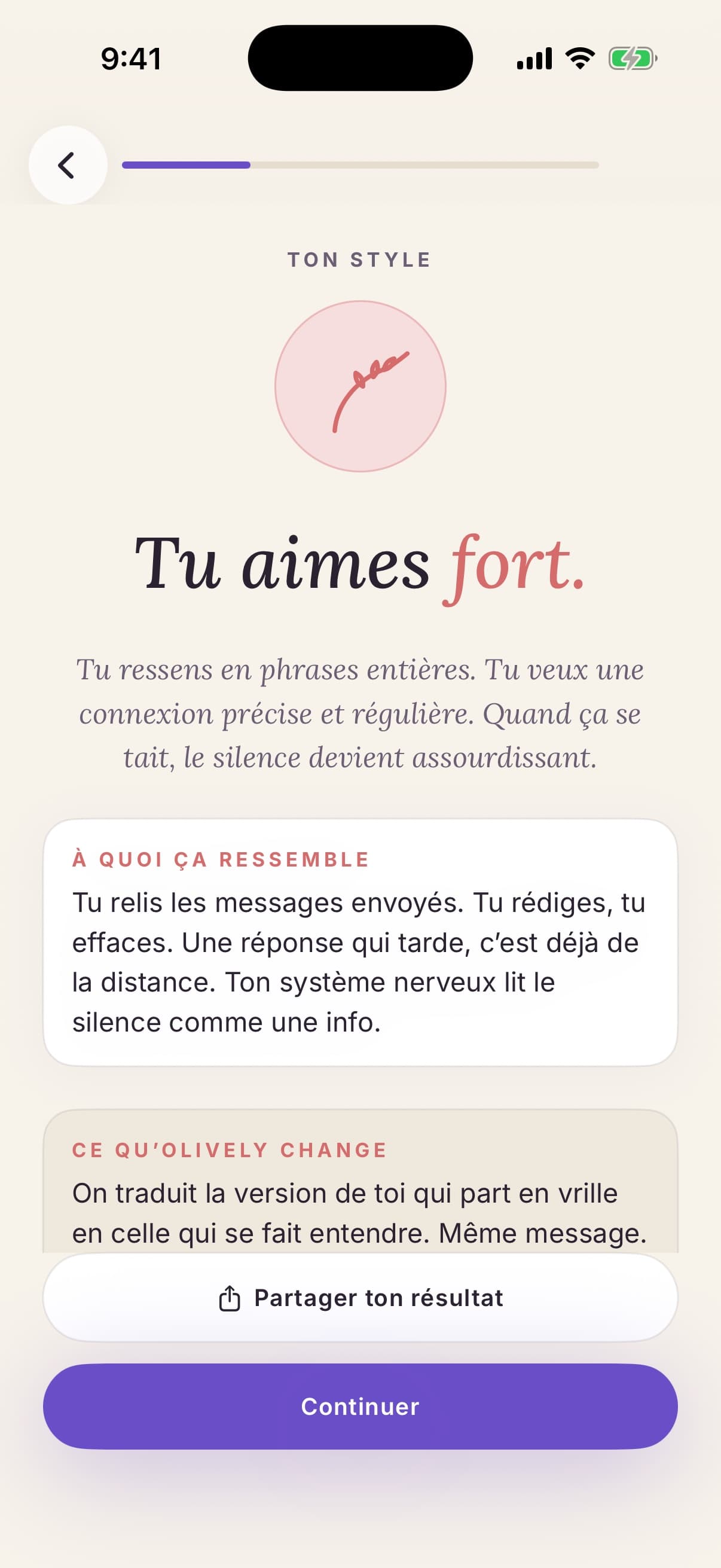 Écran de résultat du test d’attachement avec le style anxieux