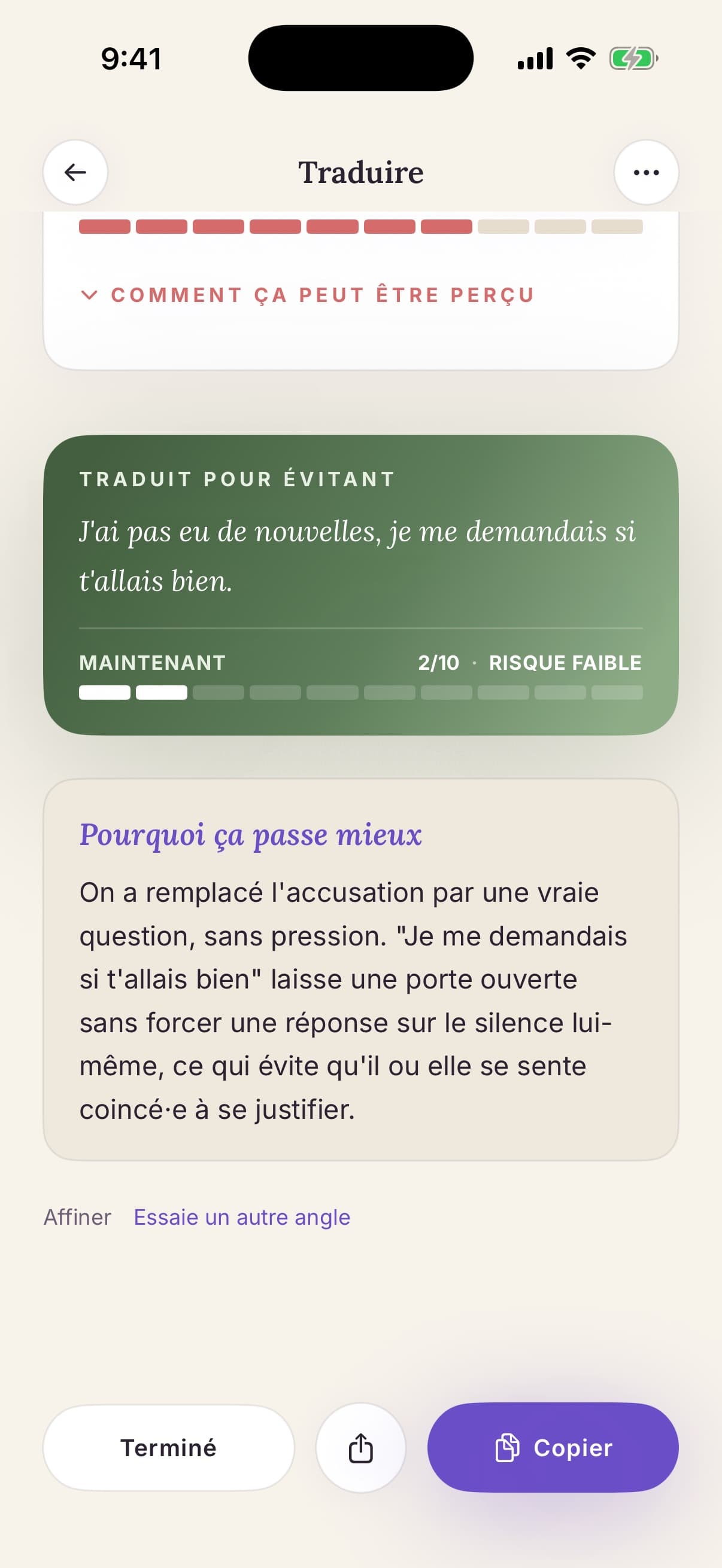 Message traduit avec l’explication de pourquoi il passe bien