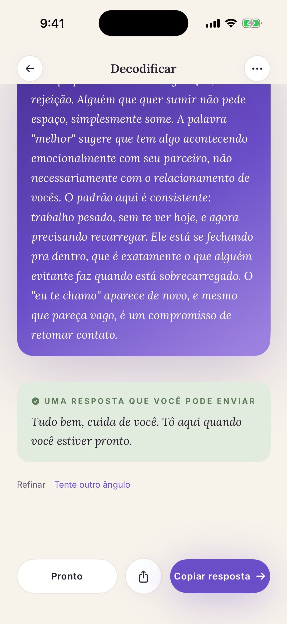 Resultado do Decode mostrando o que a mensagem do parceiro quer dizer de verdade