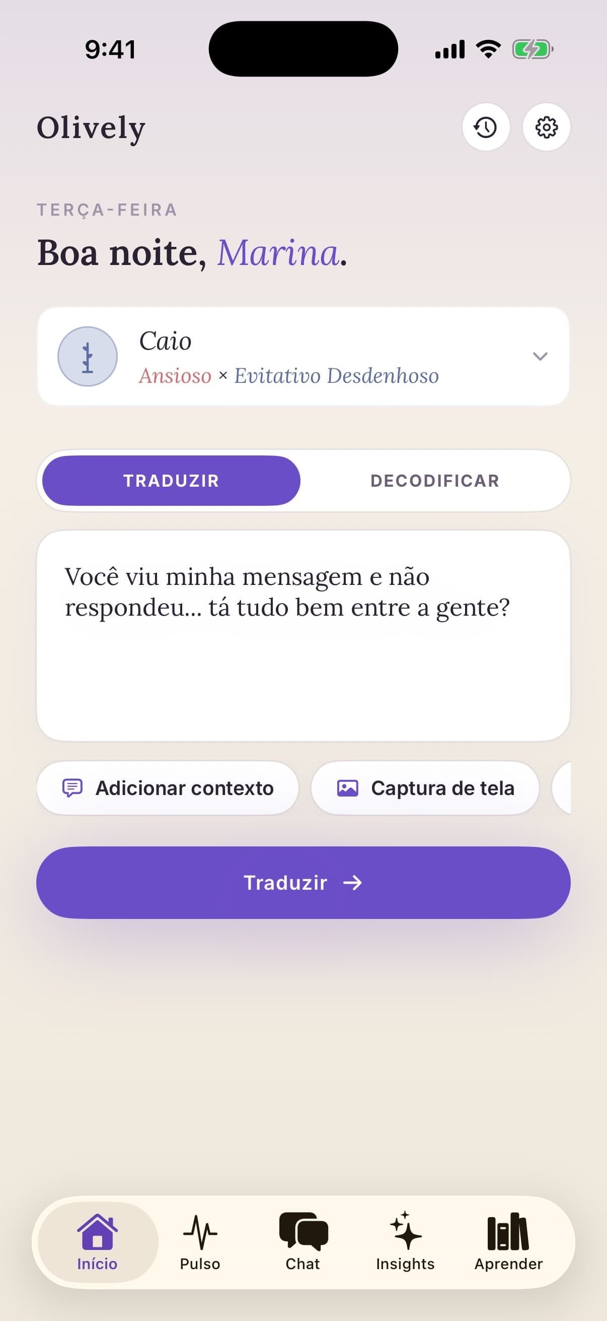 Tela inicial do Olively com um perfil de parceiro e um rascunho pronto para traduzir