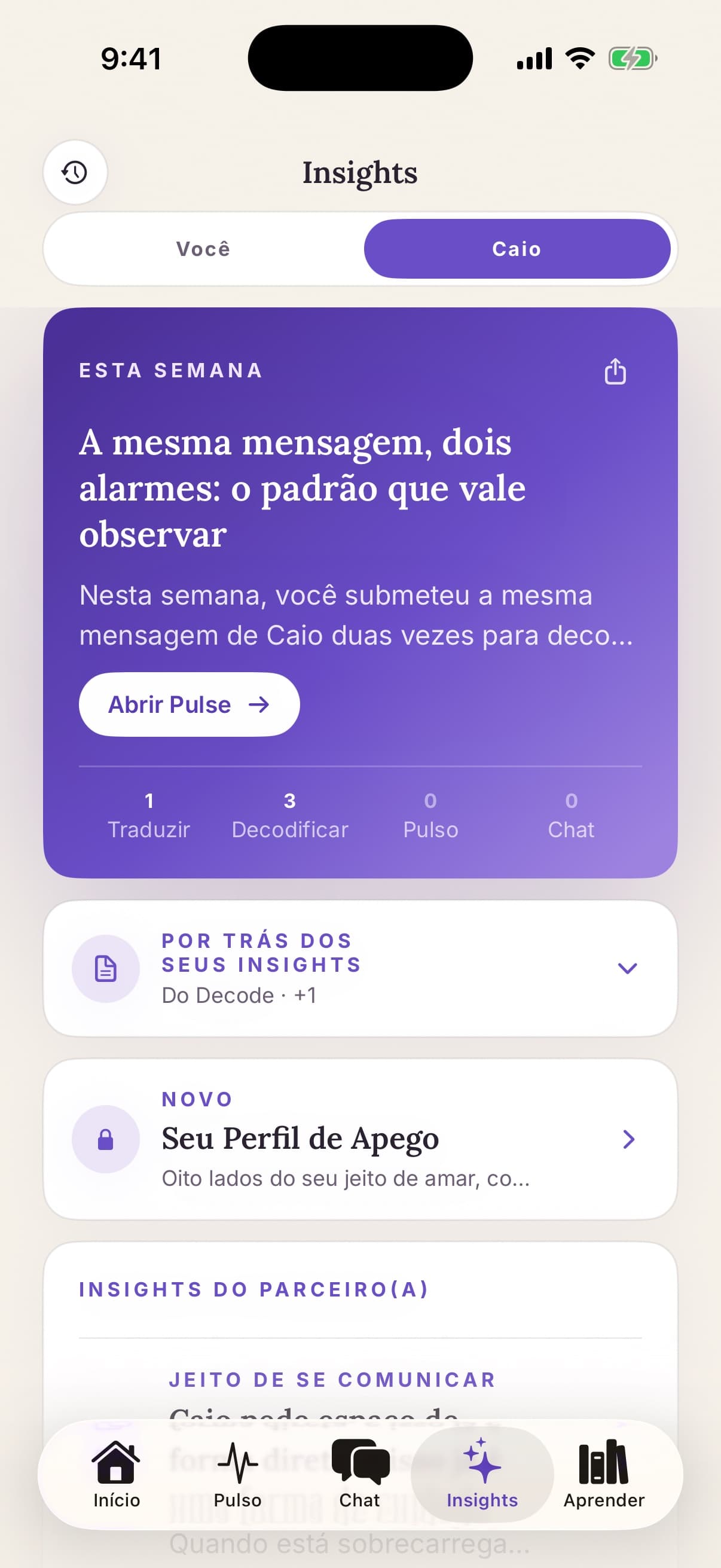 Aba de Insights com os padrões semanais do relacionamento