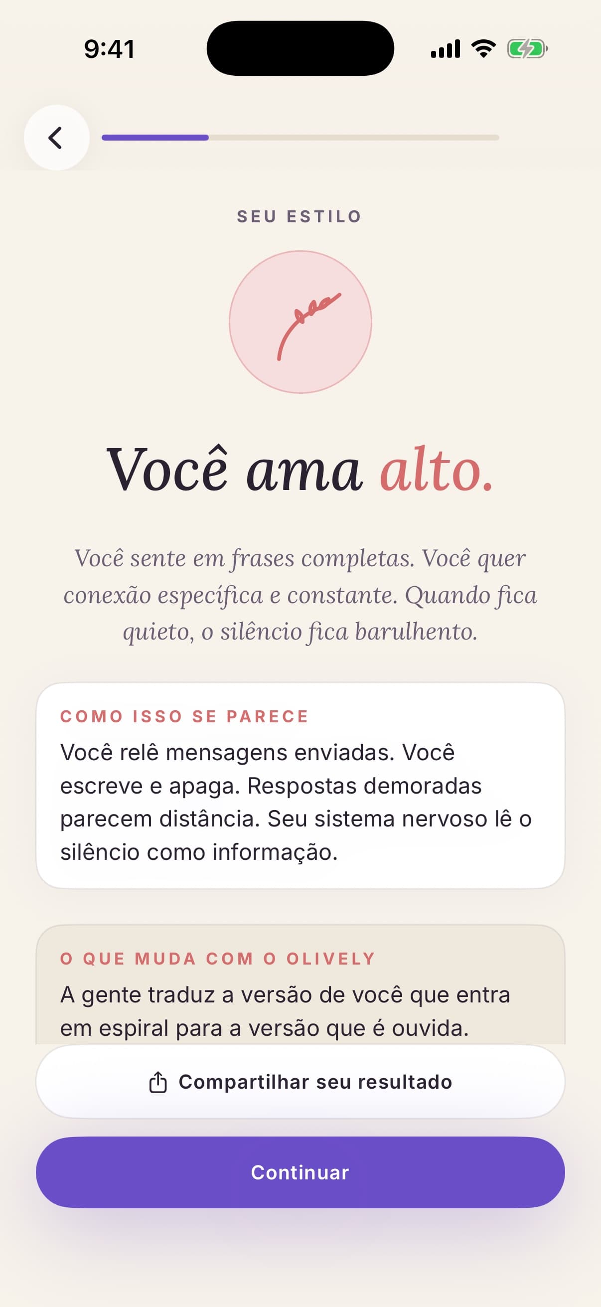 Tela de resultado do teste de apego com o estilo ansioso