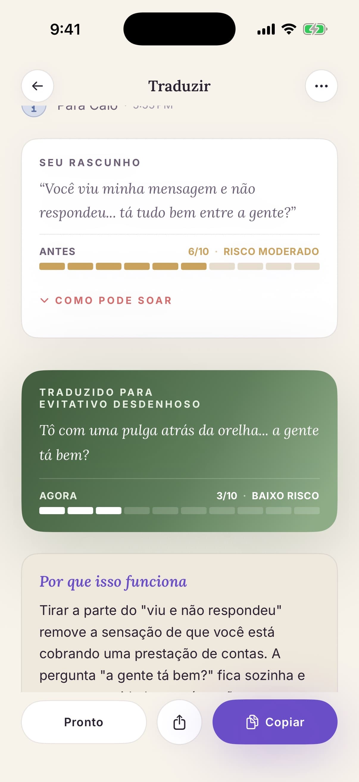 Mensagem traduzida com a explicação de por que ela funciona